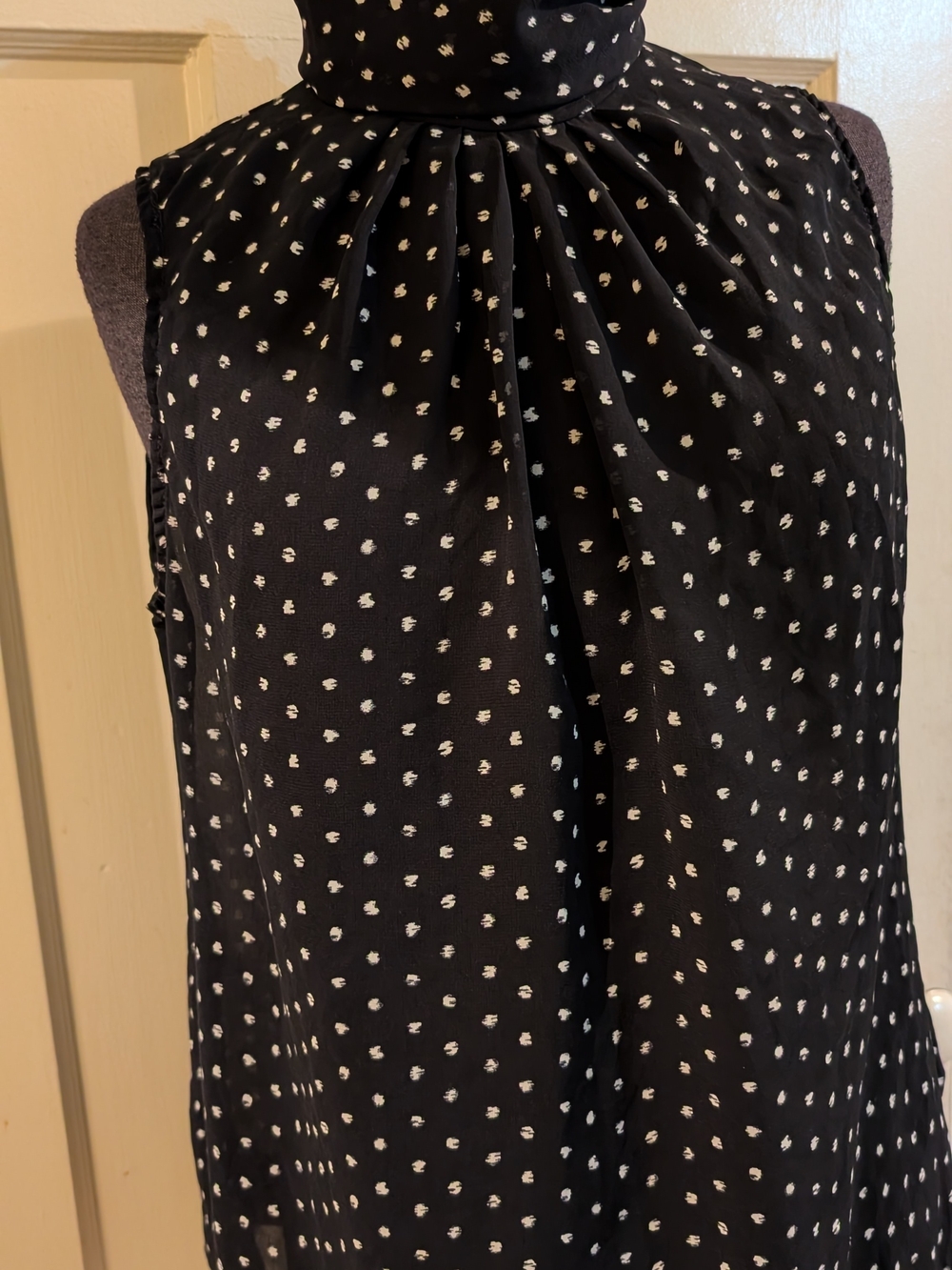 Black Sleeveless Mock Neck Polka Dot Dress Top